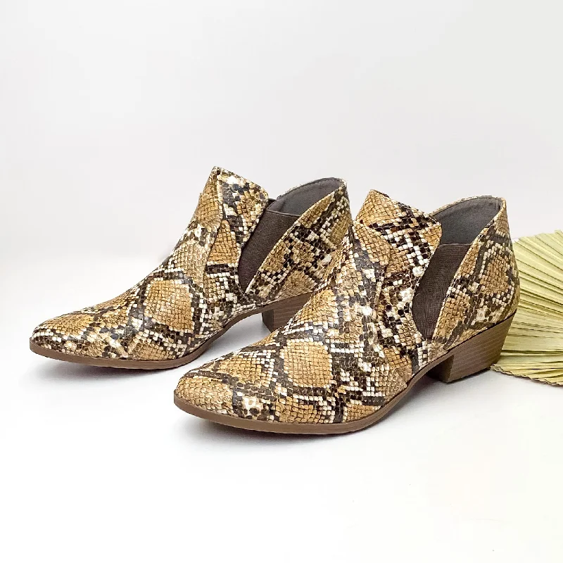 Last Chance Size 8.5 & 10 | Heeled Ankle Booties in Brown Snake Print