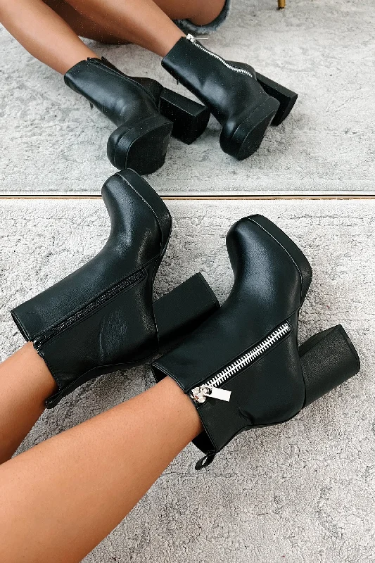 Straight Facts Zipper Detail Platform Booties (Black)