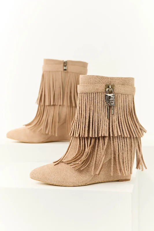 Nude Fringe Wedge Ankle Booties