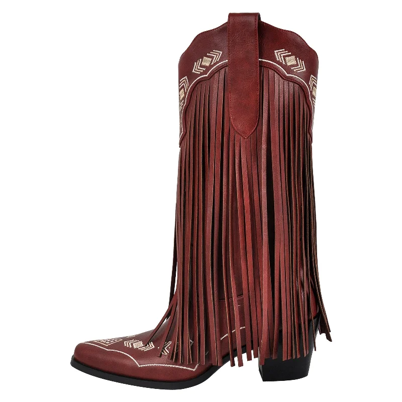 Pointed Toe Fringe Embroidery Knee High Western Boots