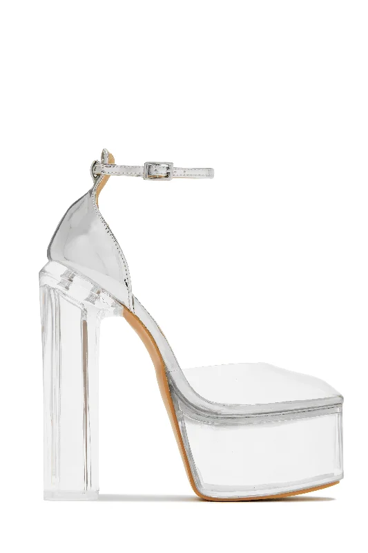 Adore Me Ankle Strap Platform Block High Heels - Silver