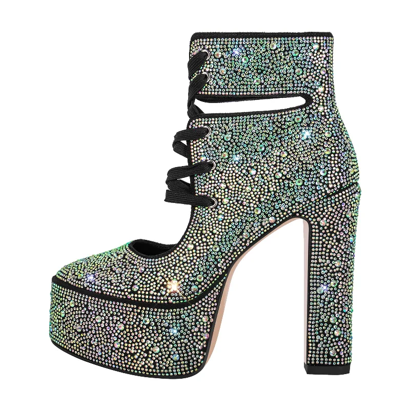 Platform Rhinestone Lace-up High Heel Ankle Boots